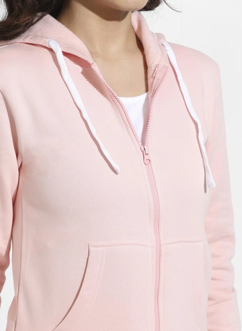 Campus Sutra Zip-Front Hoodie With Ribbed Hem