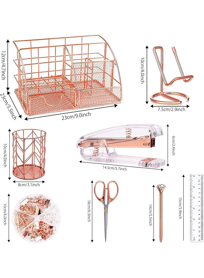erorex Rose Gold Desk Organizers And Accessories Office Supplies Set Stapler Pen Holder Phone Holder Scissors Pen Ruler 30 Paper Clips 22 Binder Clips 20 Tacks And 1000Pcs Staples Rose Gold - Image 2