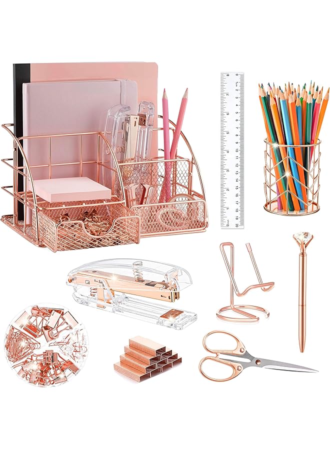 erorex Rose Gold Desk Organizers And Accessories Office Supplies Set Stapler Pen Holder Phone Holder Scissors Pen Ruler 30 Paper Clips 22 Binder Clips 20 Tacks And 1000Pcs Staples Rose Gold - Image 1