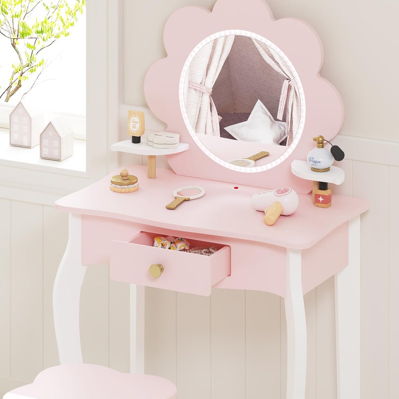 Spirich Kids Vanity, Girls Vanity Set with Mirror and Stool and Lights, Kids Vanity Table and Chair Set, Wooden Princess Makeup Desk Dressing Table (Flower Shape with LED Strip) - Image 5