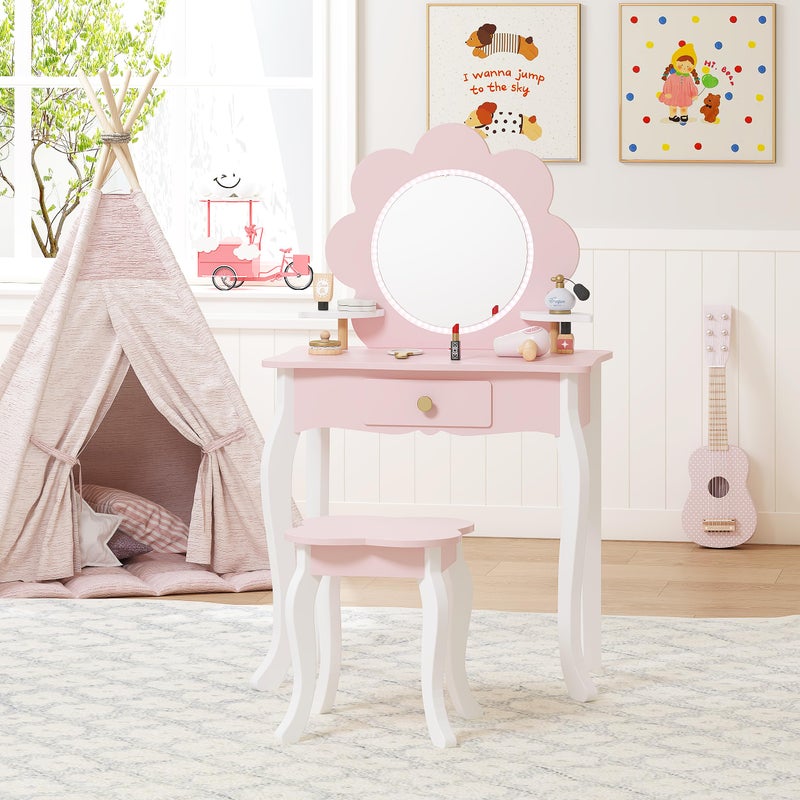 Spirich Kids Vanity, Girls Vanity Set with Mirror and Stool and Lights, Kids Vanity Table and Chair Set, Wooden Princess Makeup Desk Dressing Table (Flower Shape with LED Strip) - Image 2