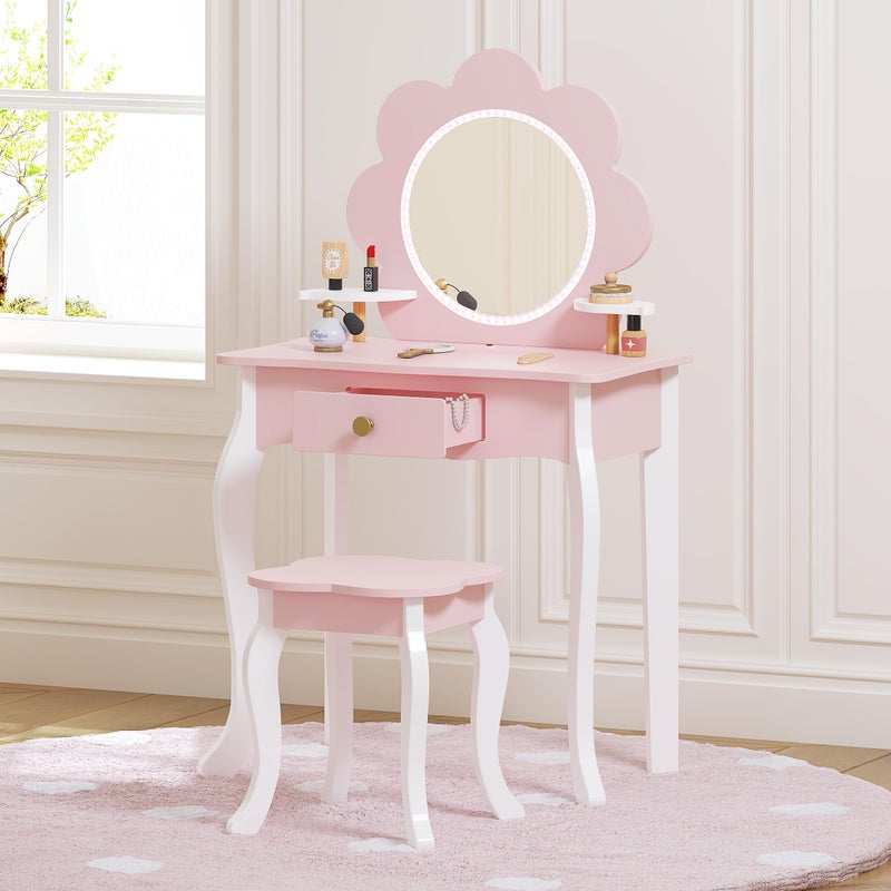 Spirich Kids Vanity, Girls Vanity Set with Mirror and Stool and Lights, Kids Vanity Table and Chair Set, Wooden Princess Makeup Desk Dressing Table (Flower Shape with LED Strip) - Image 1