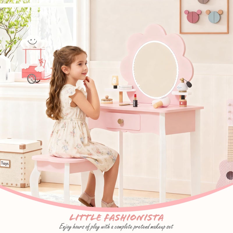 Spirich Kids Vanity, Girls Vanity Set with Mirror and Stool and Lights, Kids Vanity Table and Chair Set, Wooden Princess Makeup Desk Dressing Table (Flower Shape with LED Strip) - Image 4
