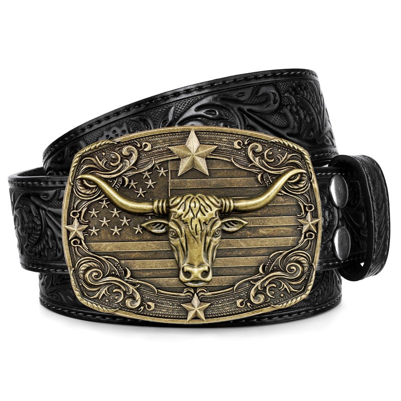 SANSTHS Western Cowboy Belts for Men Women Mens Western Belt Bull Buckle Country Belt Cowboy Leather Belt for Jeans, Bronze Star Bull/Black Belt - Image 1