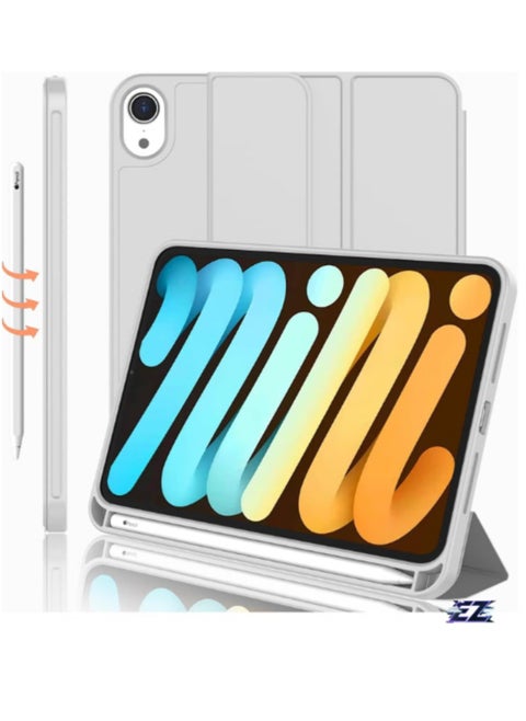 iPad Mini 7 Case 2024 – A17 Pro 8.3-Inch 7th Generation Case with Pencil Holder, Trifold Stand, and Soft TPU Back, Silver