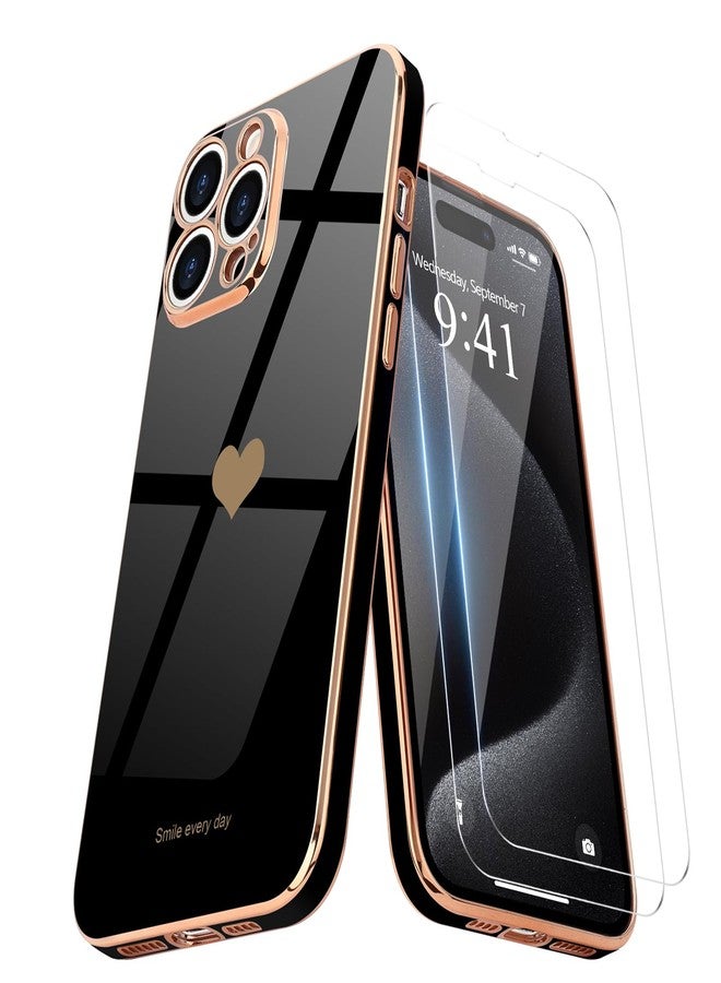 Teageo جراب Teageo لهاتف iPhone 15 Pro مع واقيين للشاشة بنمط قلب، للنساء والفتيات، مطلي بطبقة لامعة فاخرة، مصنوع من مادة TPU الناعمة، مقاوم للخدوش والصدمات، جراب هاتف أسود لهاتف iPhone 15 Pro - Image 1