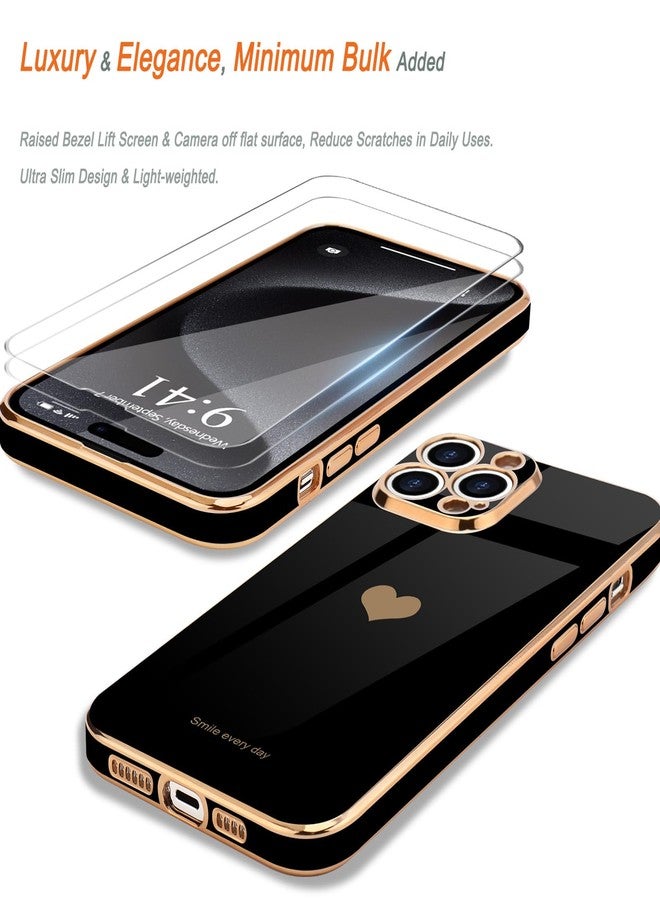 Teageo جراب Teageo لهاتف iPhone 15 Pro مع واقيين للشاشة بنمط قلب، للنساء والفتيات، مطلي بطبقة لامعة فاخرة، مصنوع من مادة TPU الناعمة، مقاوم للخدوش والصدمات، جراب هاتف أسود لهاتف iPhone 15 Pro - Image 4
