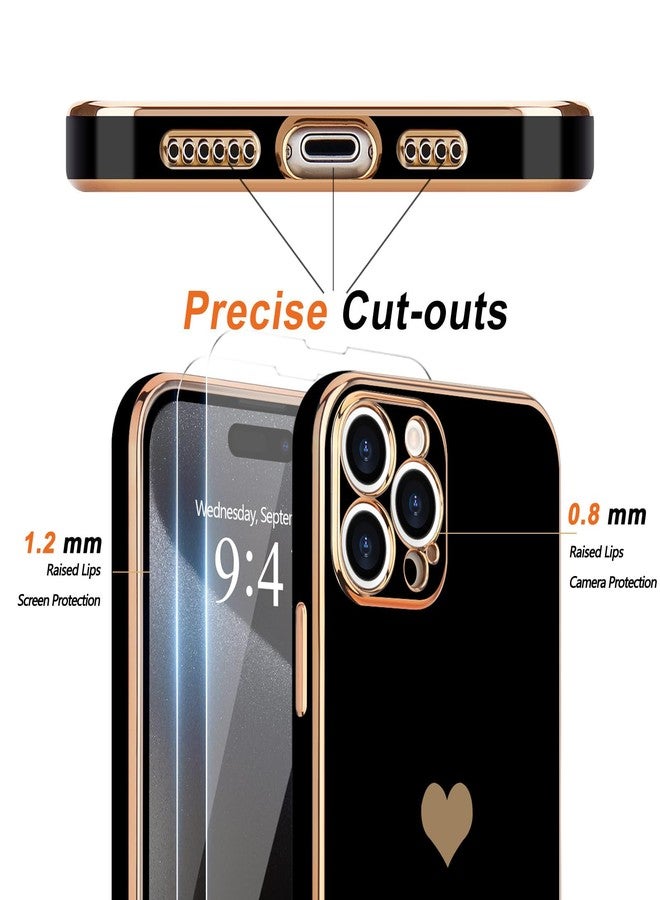Teageo جراب Teageo لهاتف iPhone 15 Pro مع واقيين للشاشة بنمط قلب، للنساء والفتيات، مطلي بطبقة لامعة فاخرة، مصنوع من مادة TPU الناعمة، مقاوم للخدوش والصدمات، جراب هاتف أسود لهاتف iPhone 15 Pro - Image 3