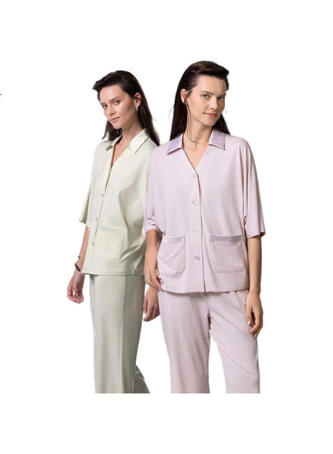 Aimer Spring/Summer Short Sleeve Cropped Pants Set Pajamas Home Wear Simple Comfort Light White Tea-M - Image 1