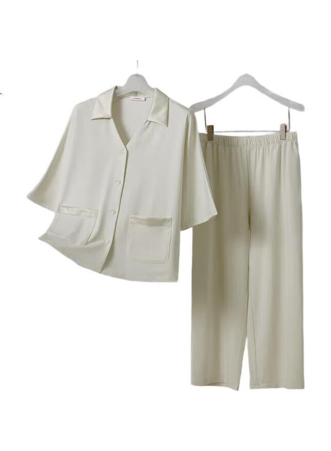 Aimer Spring/Summer Short Sleeve Cropped Pants Set Pajamas Home Wear Simple Comfort Light White Tea-M - Image 2