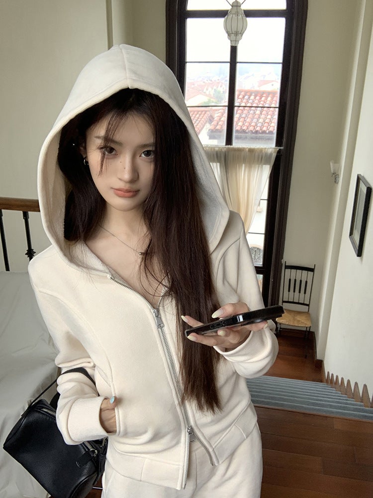 Sporty Wear Autumn Wear Womens suit Short fleece-lined Sweater Hooded Zipper Coat Wide Leg Casual Pants Sweater Apricot jacket - Image 1