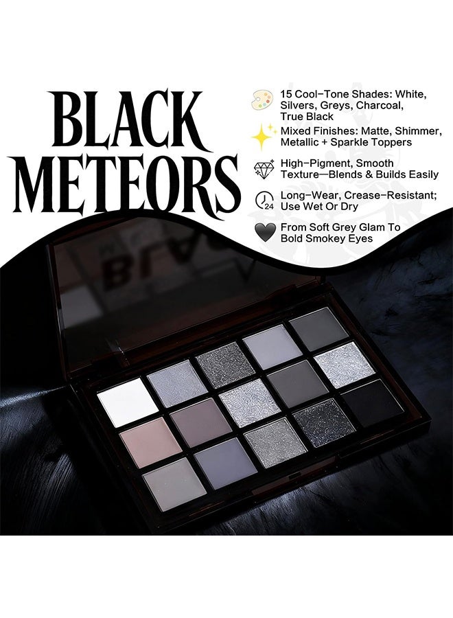 KAPEINE Black Eye Shadow-15 Colors, Smokey Black Eyeshadow Palette, Dark Shimmer Matte Metallic Makeup Pallet, High Pigmented Gray Silver Sombras De Ojos Kit - Image 3