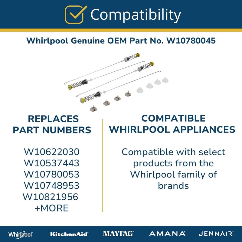 Whirlpool W10780045 Genuine OEM Washer Suspension Rod Spring Kit, 25-1/2 in.Fit W10780045 Suspension, Replaces W10821956, W10537443, W10780053, and more, Metal - Image 5