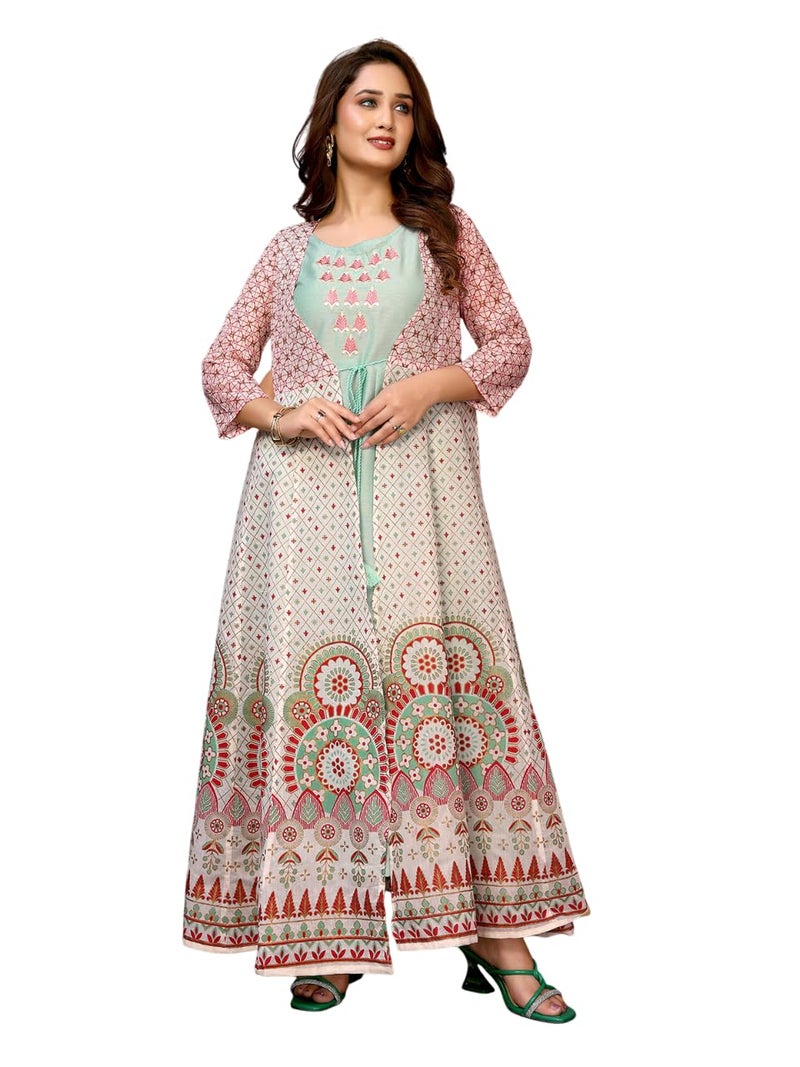 rangita Green Chanderi Printed Calf Length Anarkali Kurti | Kurta for Women_XL - Image 1