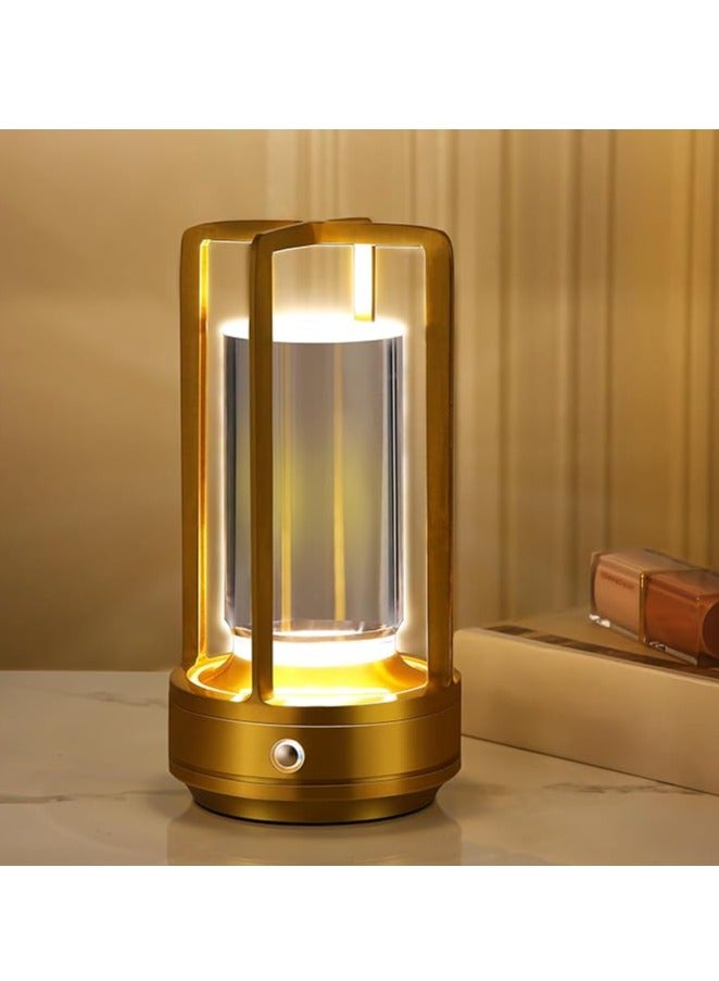 Cordless Led Table Lamp, Crystal Lantern,Outdoor Table Light, Portable Metal Table Lamp for Indoor/Outdoor, 3 Colour 2000mA Dimming Battery Powered Desk Lamp(Gold) - Image 1