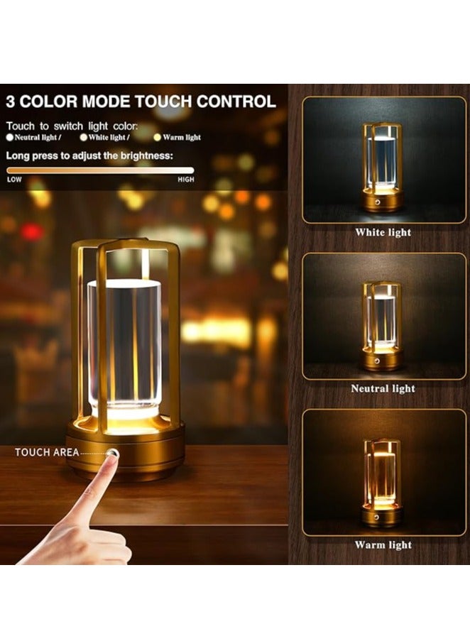 Cordless Led Table Lamp, Crystal Lantern,Outdoor Table Light, Portable Metal Table Lamp for Indoor/Outdoor, 3 Colour 2000mA Dimming Battery Powered Desk Lamp(Gold) - Image 2