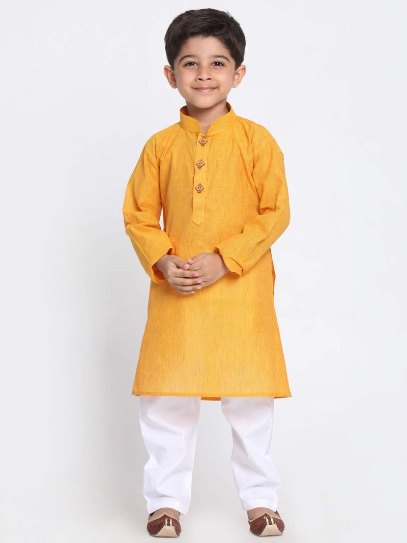 JBN Creation Boys Pure Cotton Yellow and White Kurta Pyjama Set - Ethnic Elegance for Festivals | Comfortable Traditional Pure south handloom cotton kurta pyjama for Kids_JBNBK070MDnPWH_14 - Image 2