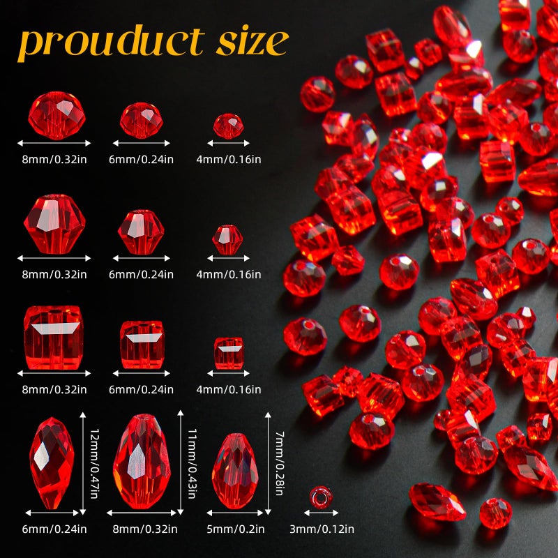 Laopottbeads 1500 Pcs Crystal Glass Beads for Jewelry Making â€“ 12 Styles Bicone, Rondelle, Cube, Teardrop & 3mm Spacer Beads, DIY Bracelet Necklace Earring Craft Kit with Organizer Box(Red) - Image 2