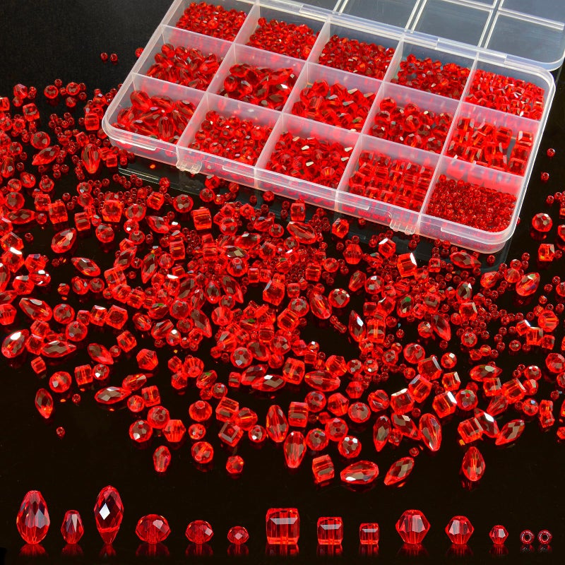 Laopottbeads 1500 Pcs Crystal Glass Beads for Jewelry Making â€“ 12 Styles Bicone, Rondelle, Cube, Teardrop & 3mm Spacer Beads, DIY Bracelet Necklace Earring Craft Kit with Organizer Box(Red) - Image 1
