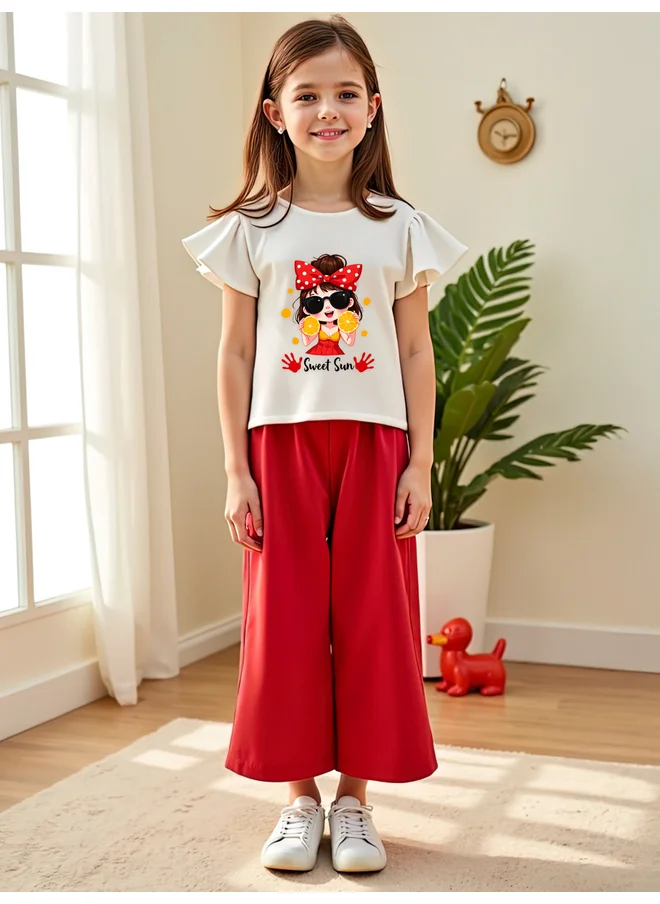 تايك تو Take Two Kids 2pcs Kids T-Shirt and Red Wide Leg Pants Set