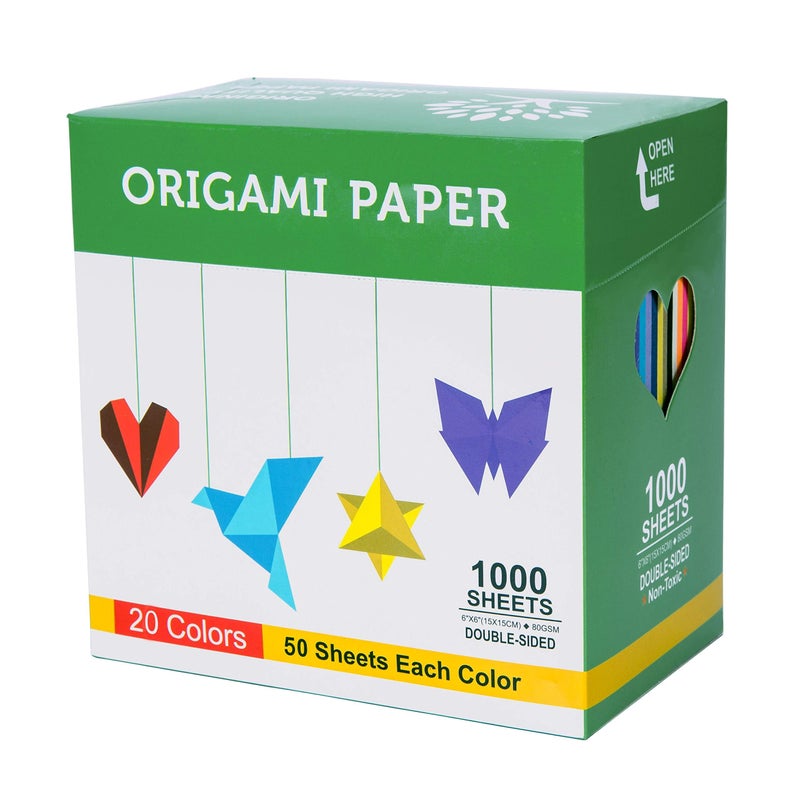 BUBU Origami Paper Kit 1000 Sheets 6 Inch Square Double Sided Color 20 Vivid Colors for Beginners Trainning and School Craft Lessons - Image 1