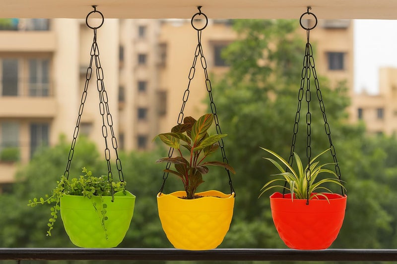 Go Hooked Planters | Multicolor | Round | Diamond | Plastic | Hanging Pots | Planters with Metal Hanging Chain | Home Garden Balcony Pots | Multicolor | Pack of 3 - Image 1