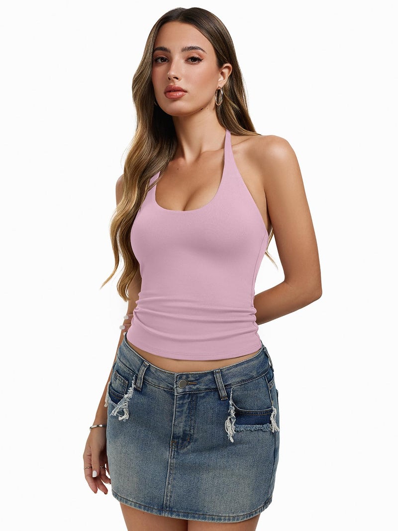 REORIA Women's Tie Halter Tank Tops Basic Scoop Neck Backless Double Lined Going Out Outfits Cute Summer Trendy Sleeveless Shirts Pink - Image 2