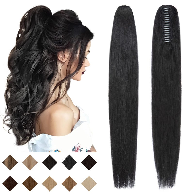 SEGO Claw Clip Ponytail Extension Human Hair Clip in Ponytail Hair Extensions Real Human Hair Pony Tails Hair Extensions Long Straight For Women 16 Inch Jet Black 105 Gram