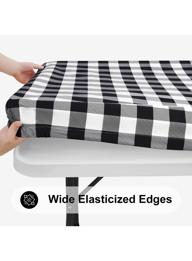 Smiry Rectangle Picnic Table Cloth, Elastic Waterproof Fitted Vinyl Tablecloth for 8 FT Tables, Flannel Backed Buffalo Plaid Table Covers for Dining, Camping, Outdoor (Black and White, 30" x 96") - Image 2