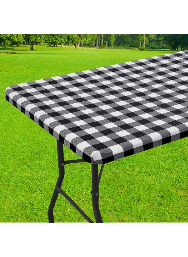 Smiry Rectangle Picnic Table Cloth, Elastic Waterproof Fitted Vinyl Tablecloth for 8 FT Tables, Flannel Backed Buffalo Plaid Table Covers for Dining, Camping, Outdoor (Black and White, 30" x 96") - Image 1