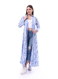 Andora Patterned Classic Neck Buttoned Dress _ Indigo Blue & White  - Image 1