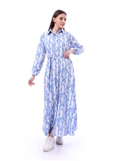 Andora Patterned Classic Neck Buttoned Dress _ Indigo Blue & White  - Image 2