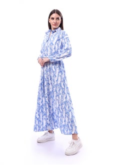Andora Patterned Classic Neck Buttoned Dress _ Indigo Blue & White  - Image 3