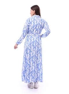 Andora Patterned Classic Neck Buttoned Dress _ Indigo Blue & White  - Image 4