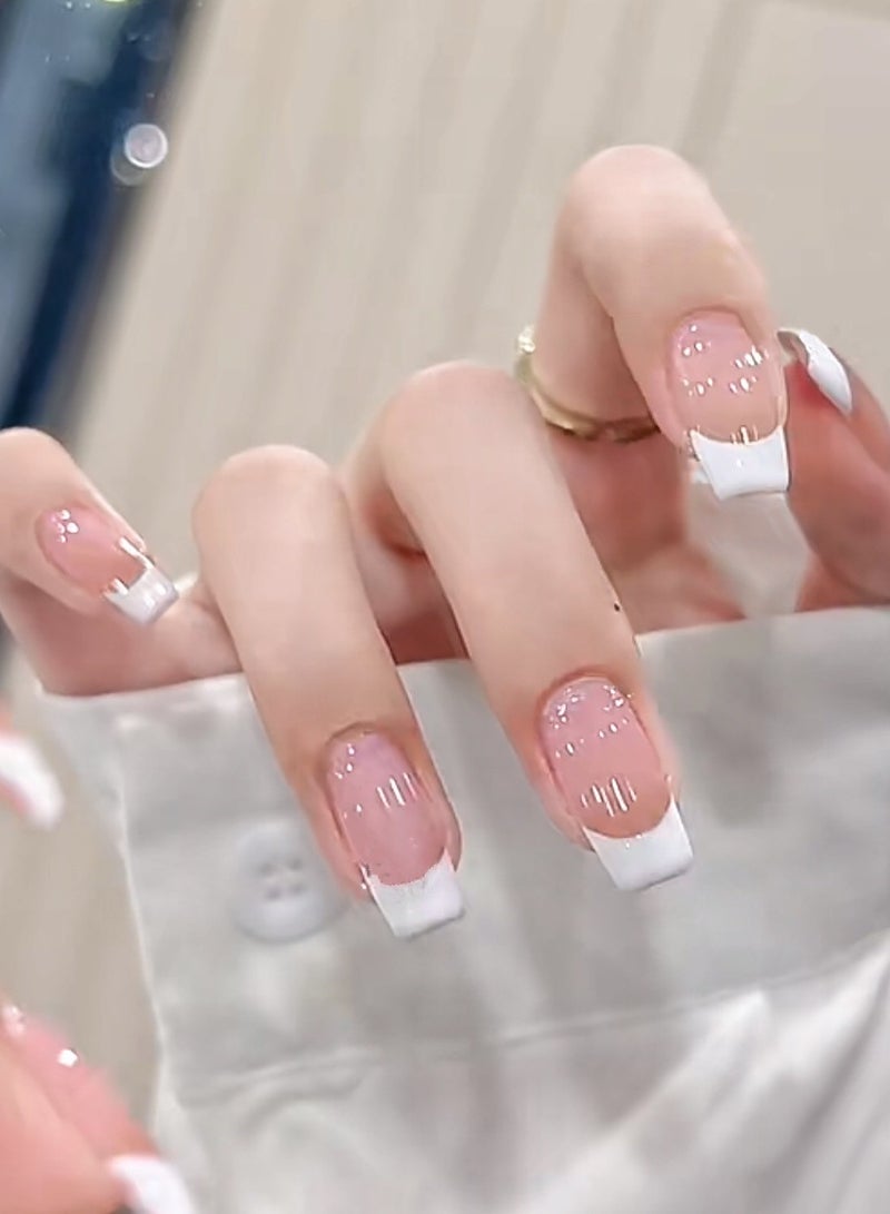 kaixin Classic French Tip Press on Nails - 24Pcs Glossy Nude Medium Square Fake Nails with Liquid Nail Glue Universal Full Cover - Image 1