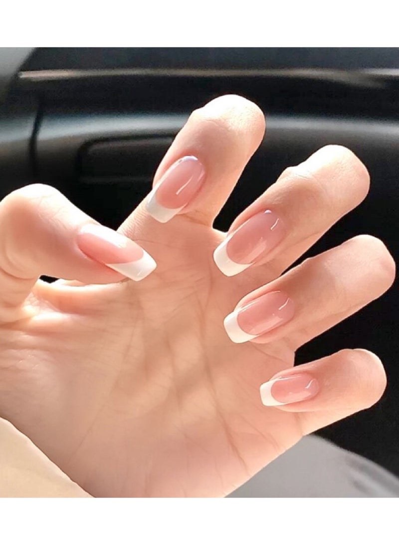 kaixin Classic French Tip Press on Nails - 24Pcs Glossy Nude Medium Square Fake Nails with Liquid Nail Glue Universal Full Cover - Image 2