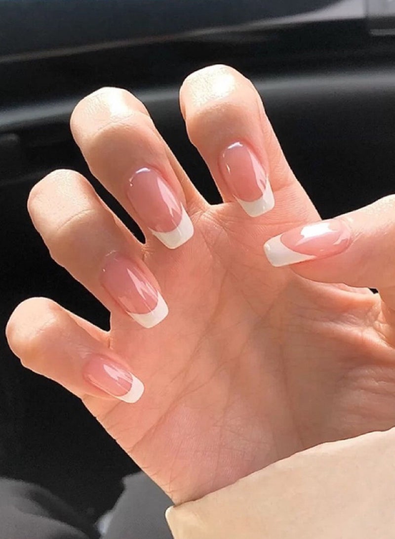 kaixin Classic French Tip Press on Nails - 24Pcs Glossy Nude Medium Square Fake Nails with Liquid Nail Glue Universal Full Cover - Image 3