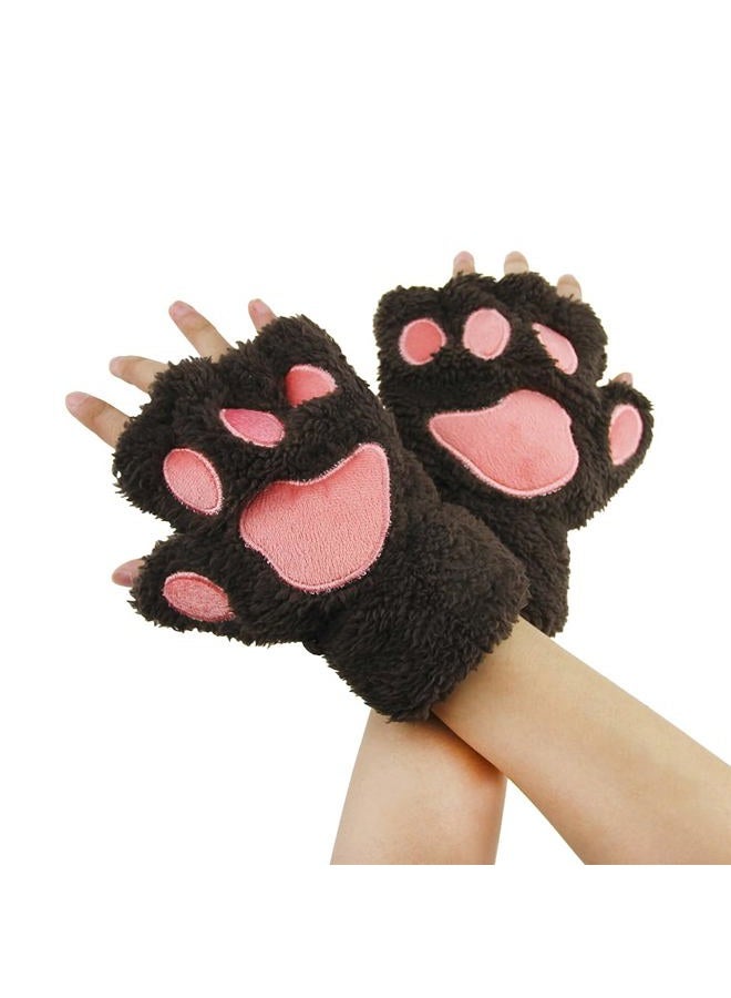 YLucky Warm Bear Cat Palm Claw Gloves Half Finger Dog Paw Gloves Faux Fur Plush Short Fingerless Mittens Hang Neck Hand Wear Gloves for Cosplay Costume Christmas Halloween Winter Girl Women Gift - Image 1