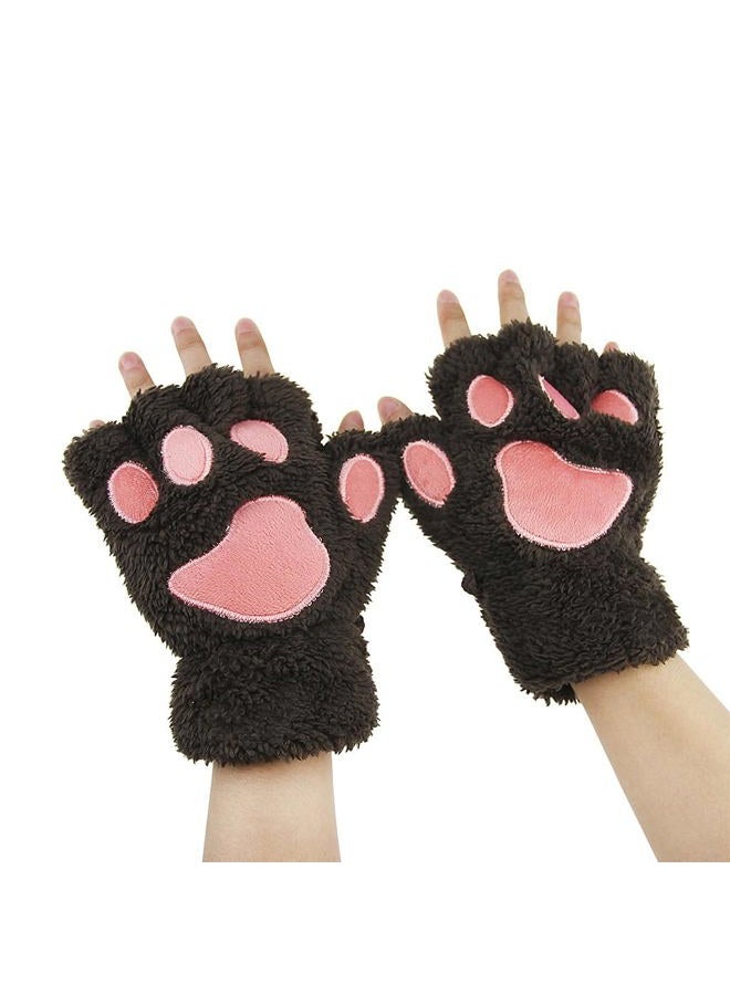 YLucky Warm Bear Cat Palm Claw Gloves Half Finger Dog Paw Gloves Faux Fur Plush Short Fingerless Mittens Hang Neck Hand Wear Gloves for Cosplay Costume Christmas Halloween Winter Girl Women Gift - Image 2