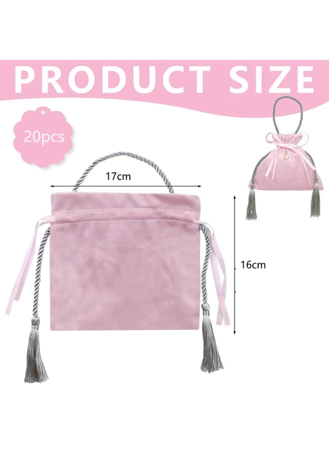 Velvet Drawstring Jewelry Pouches with Tassels & Pearl, Rope Handle, 16x17cm, Pink, Set of 20 - Image 3