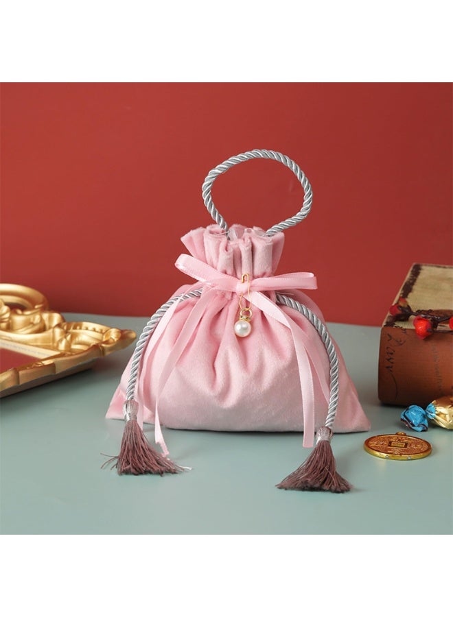 Velvet Drawstring Jewelry Pouches with Tassels & Pearl, Rope Handle, 16x17cm, Pink, Set of 20 - Image 2