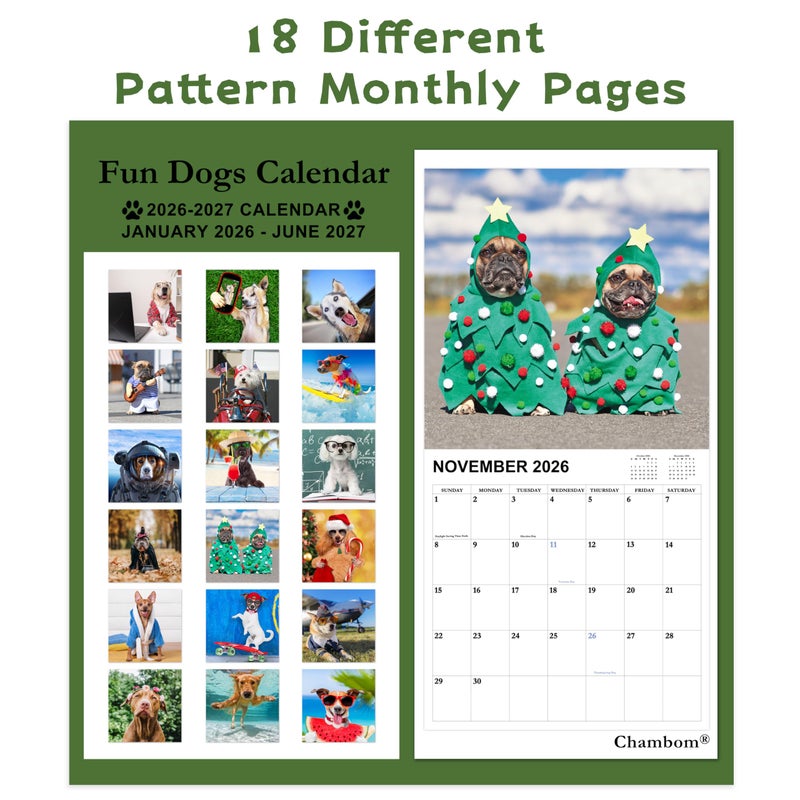 Chambom 2026-2027 Calendar - 18-Month Wall Calendar 2026-2027 Funny Dog Calendars from Jan. 2026 - Jun. 2027, Calendar 2026 with Unruled Blocks, Holidays, 12" x 24"(open), Fun Wall Calendars Gag Gifts - Funny Dog - Image 3