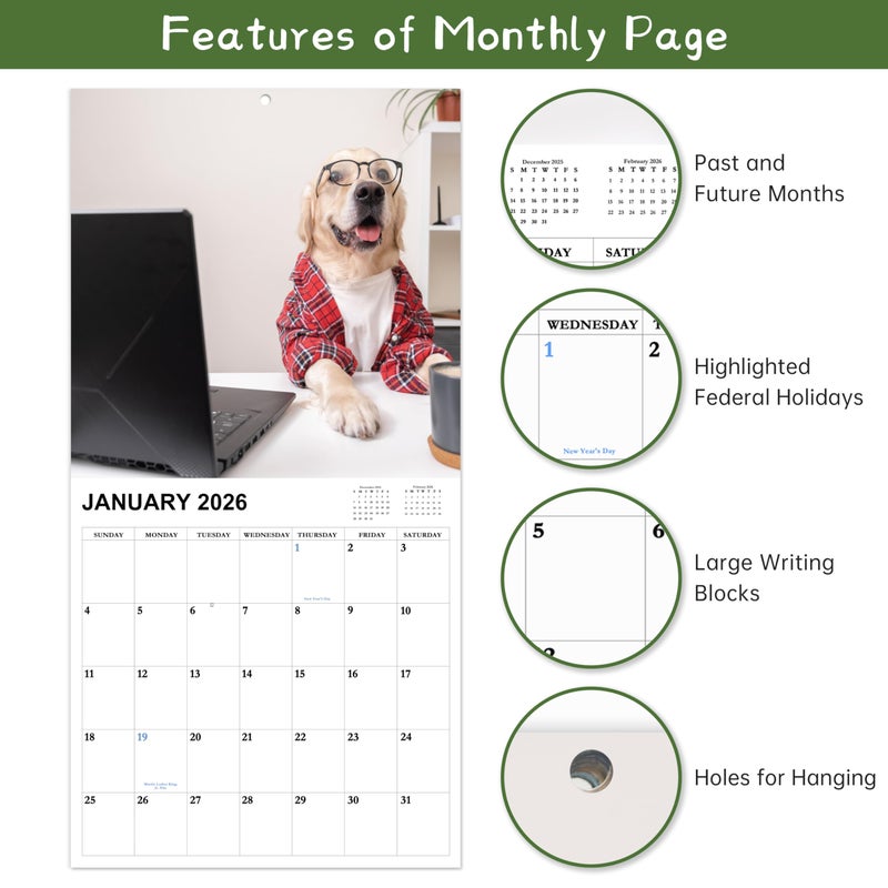 Chambom 2026-2027 Calendar - 18-Month Wall Calendar 2026-2027 Funny Dog Calendars from Jan. 2026 - Jun. 2027, Calendar 2026 with Unruled Blocks, Holidays, 12" x 24"(open), Fun Wall Calendars Gag Gifts - Funny Dog - Image 4
