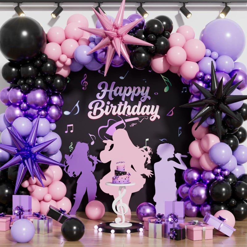 Haolongfa Pink and Purple Balloon Arch Garland Kit, 109PCS Pink Purple Black Balloons with Starburst Foil Balloons, Trendy Music Birthday Decorations for Girls and Teens, Concert and Movie Fans Party Supplies - Image 1