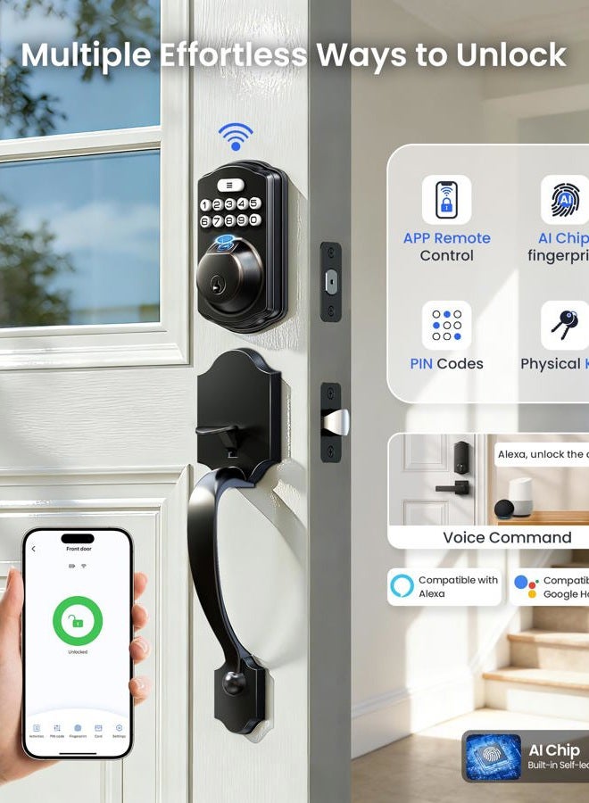 Veise VE012W-H Built-in WiFi Fingerprint Smart Deadbolt with Handle Set, App Remote Control, Keyless Entry Front Door Lock Set, Backlit Keypad, Voice Assistant, Auto Lock, Waterproof, Matte Black - Image 3