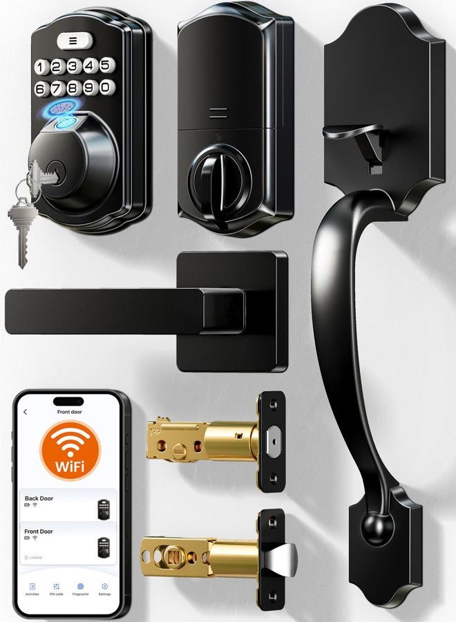 Veise VE012W-H Built-in WiFi Fingerprint Smart Deadbolt with Handle Set, App Remote Control, Keyless Entry Front Door Lock Set, Backlit Keypad, Voice Assistant, Auto Lock, Waterproof, Matte Black - Image 1
