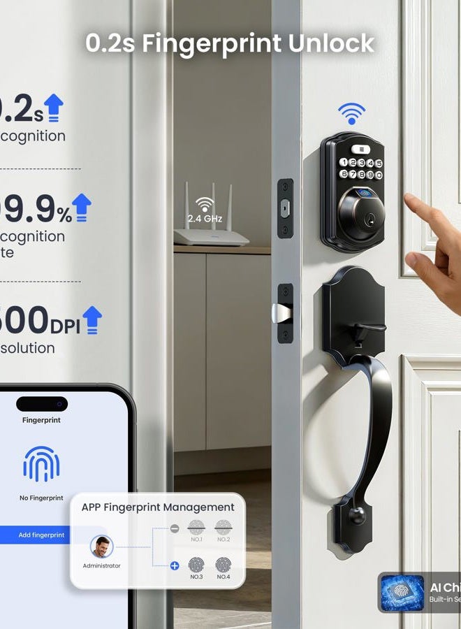 Veise VE012W-H Built-in WiFi Fingerprint Smart Deadbolt with Handle Set, App Remote Control, Keyless Entry Front Door Lock Set, Backlit Keypad, Voice Assistant, Auto Lock, Waterproof, Matte Black - Image 4