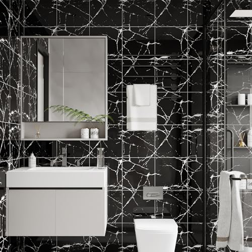 LVSHI 20pcs Marble Peel and Stick Waterproof PVC Shower Wall Panels Bathroom Backsplash Tile Stick on Wall for Bedoom Kitchen 118x118 Black194 SqFt - Image 3