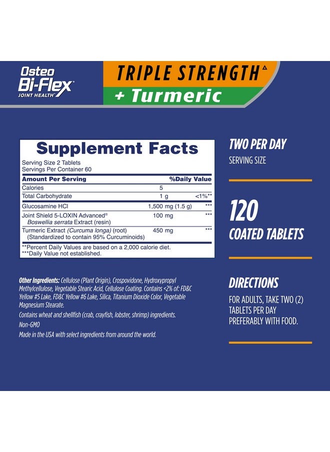 Osteo Bi-Flex Osteo Bi-Flex Glucosamine Triple Strength Plus Turmeric Supplement with Curcumin for Joint Support and Range of Motion, 60 Day Supply, 120 Coated Tablets, Joint Health Nutritional Supplements  - Image 2