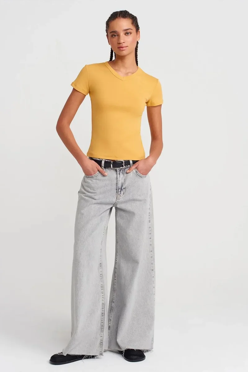 Dilvin Amber Yellow DILVIN Slim Fit Cotton V-Neck T-Shirt for Women | Best Price UAE